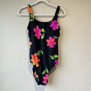 LONGITUDE Vintage floral purple green black bold colored one piece swimsuit sz 8